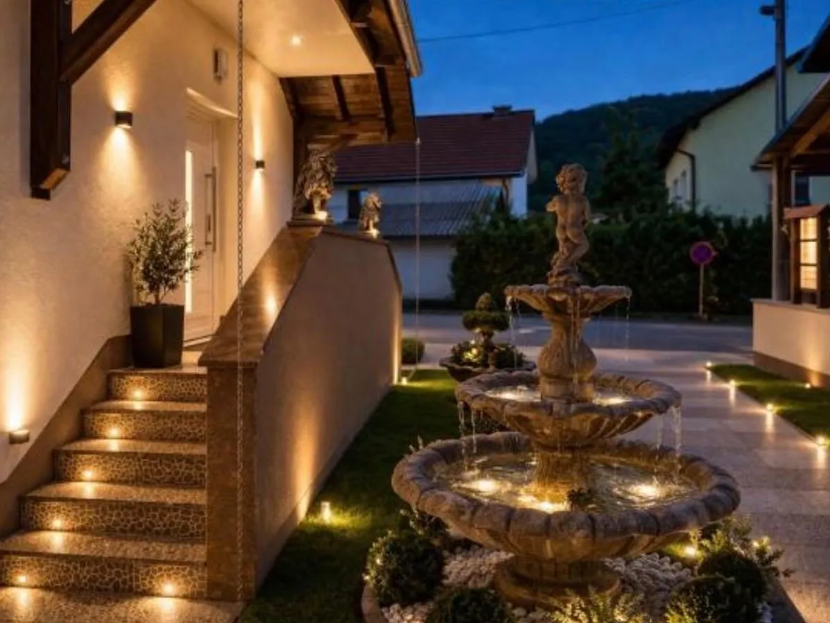 Ulaz u kuću noću: osvijetljene stepenice i fontana u dvorištu